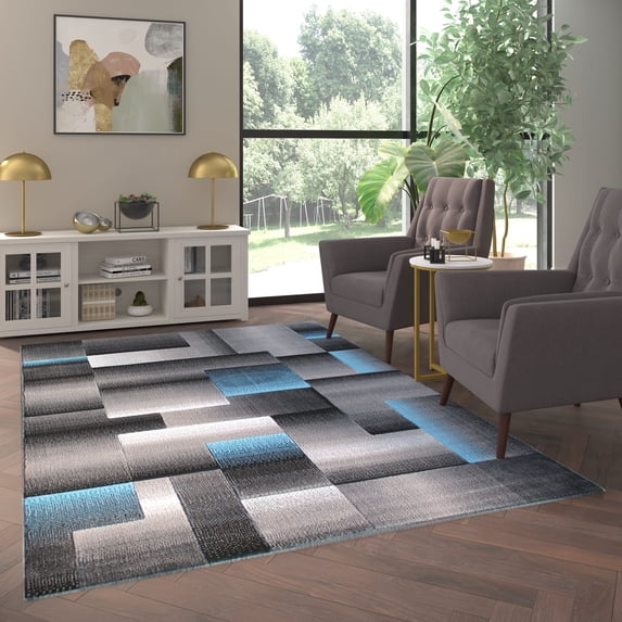 Emma + Oliver 6x9 Modern Cubist Olefin Accent Rug in Gradient Shades of Black, Gray and Blue with Natural Jute Backing
