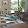 thumbnail image 1 of Emma + Oliver 6x9 Modern Cubist Olefin Accent Runner Rug in Gradient Shades of Black, Gray and Turquoise with Natural Jute Backing, 1 of 6