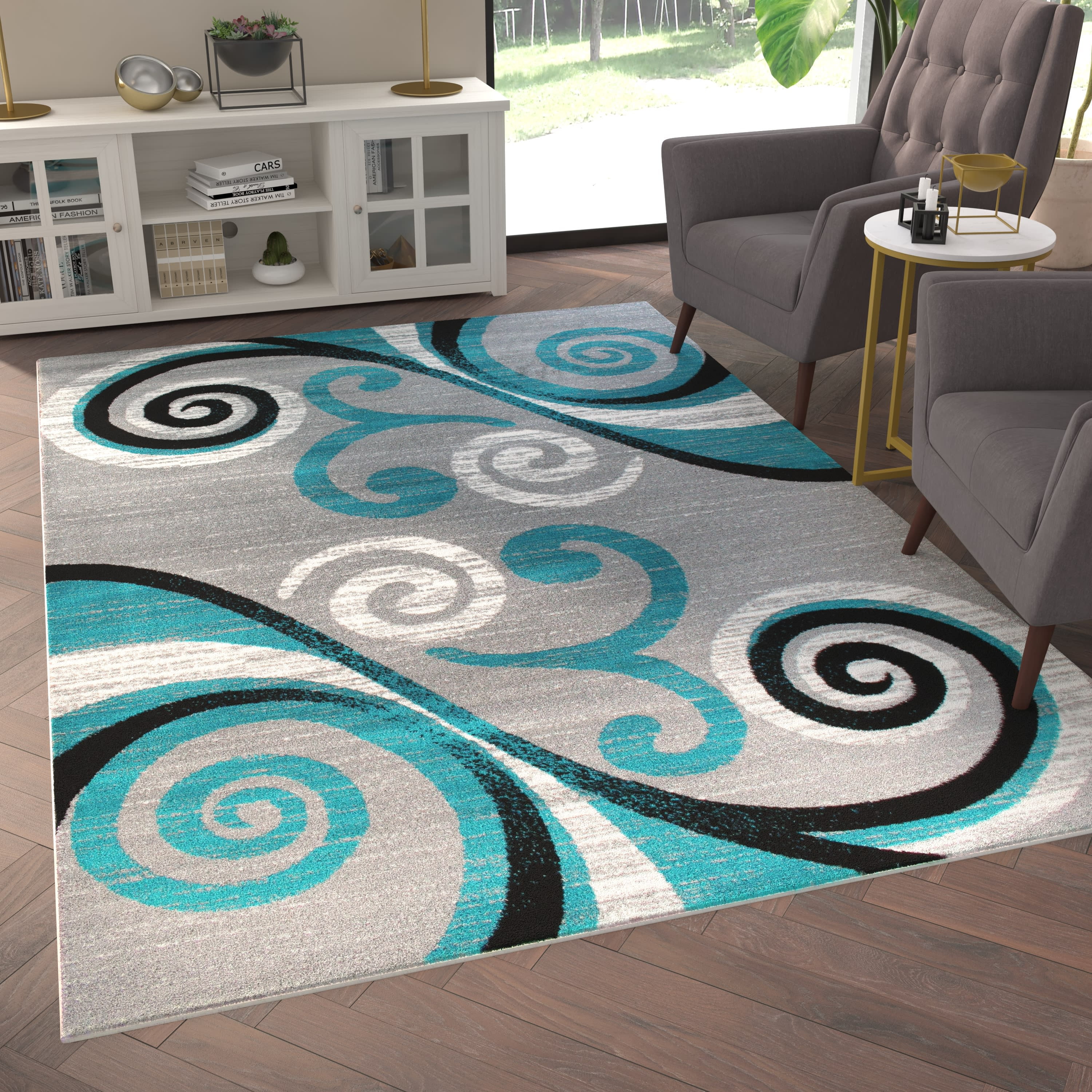 Emma And Oliver 6x9 Sed Look Ultra Soft Plush Pile Olefin Accent Rug In Turquoise Gray Black White Swirl Pattern Jute Backing