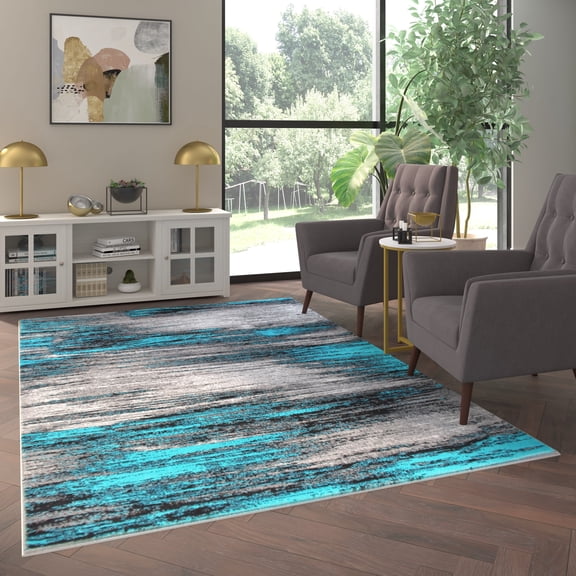 Emma + Oliver 6x9 Ultra Soft Shaded Look Olefin Accent Rug in Gray, Black & Turquoise with Natural Jute Backing