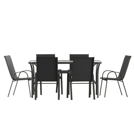 Emma + Oliver 7 Piece Outdoor Dining Set with Tempered Glass Top Patio Table and 6 Black Flex Comfort Textilene Stacking Chairs