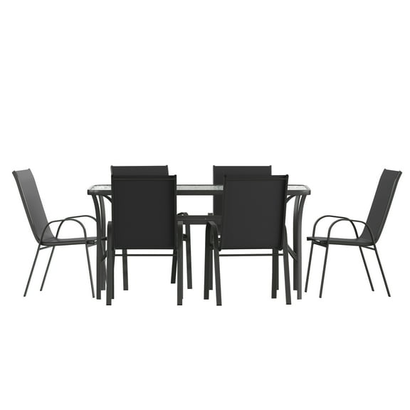 Emma + Oliver 7 Piece Outdoor Dining Set with Tempered Glass Top Patio Table and 6 Black Flex Comfort Textilene Stacking Chairs