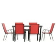 thumbnail image 1 of Emma + Oliver 7 Piece Outdoor Dining Set with Tempered Glass Top Patio Table and 6 Red Flex Comfort Textilene Stacking Chairs, 1 of 10
