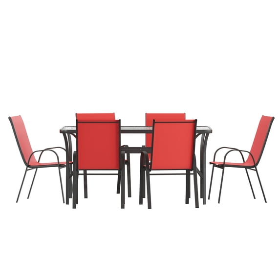 Emma + Oliver 7 Piece Outdoor Dining Set with Tempered Glass Top Patio Table and 6 Red Flex Comfort Textilene Stacking Chairs