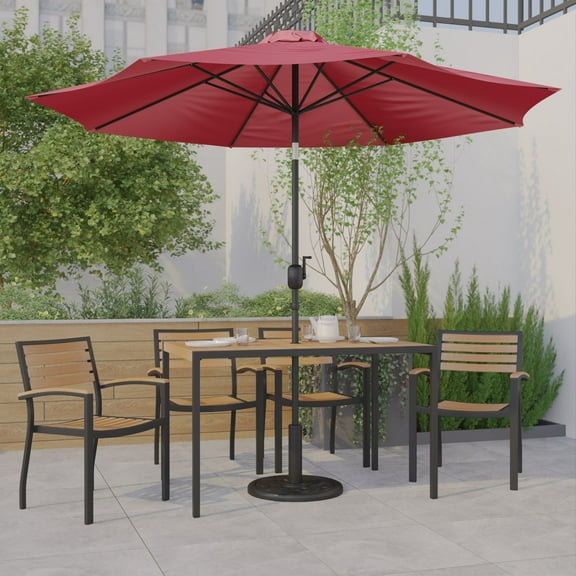 Emma + Oliver 7 Piece Patio Table Set - 4 Synthetic Faux Teak Stackable Chairs - 30" x 48" Faux Teak Table - Red Umbrella with Base