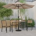 thumbnail image 1 of Emma + Oliver 7 Piece Patio Table Set - 4 Synthetic Faux Teak Stackable Chairs - 30" x 48" Faux Teak Table - Tan Umbrella with Base, 1 of 17