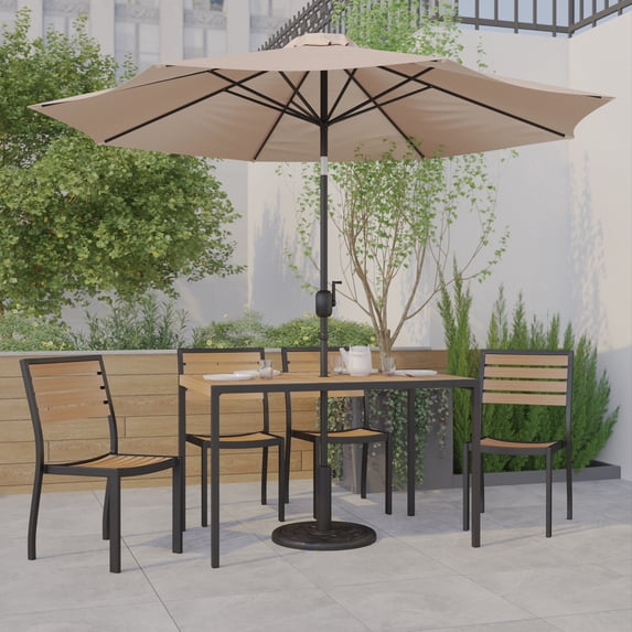 Emma + Oliver 7 Piece Patio Table Set - 4 Synthetic Faux Teak Stackable Chairs - 30" x 48" Faux Teak Table - Tan Umbrella with Base