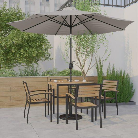 Emma + Oliver 7 Piece Patio Table Set - 4 Synthetic Faux Teak Stackable Chairs - 35" Square Faux Teak Table - Gray Umbrella with Base