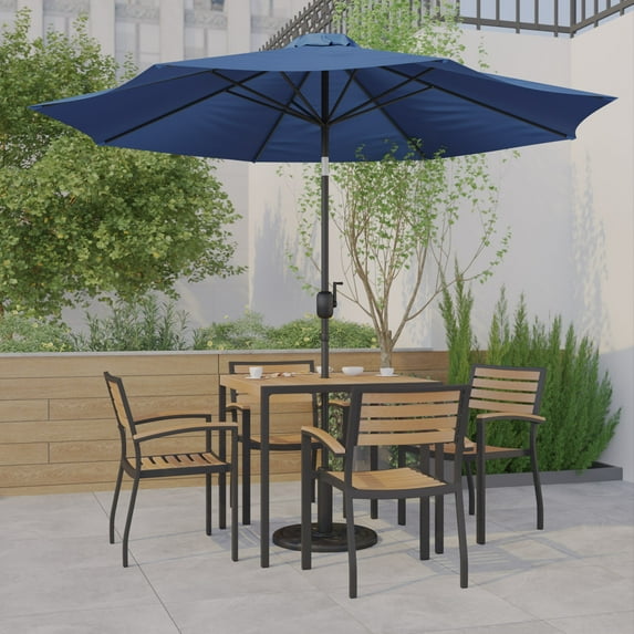 Emma + Oliver 7 Piece Patio Table Set - 4 Synthetic Faux Teak Stackable Chairs - 35" Square Faux Teak Table - Navy Umbrella with Base