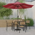 thumbnail image 1 of Emma + Oliver 7 Piece Patio Table Set - 4 Synthetic Faux Teak Stackable Chairs - 35" Square Faux Teak Table - Red Umbrella with Base, 1 of 17