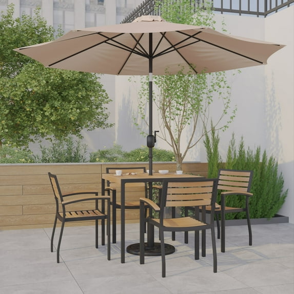 Emma + Oliver 7 Piece Patio Table Set - 4 Synthetic Faux Teak Stackable Chairs - 35" Square Faux Teak Table - Tan Umbrella with Base
