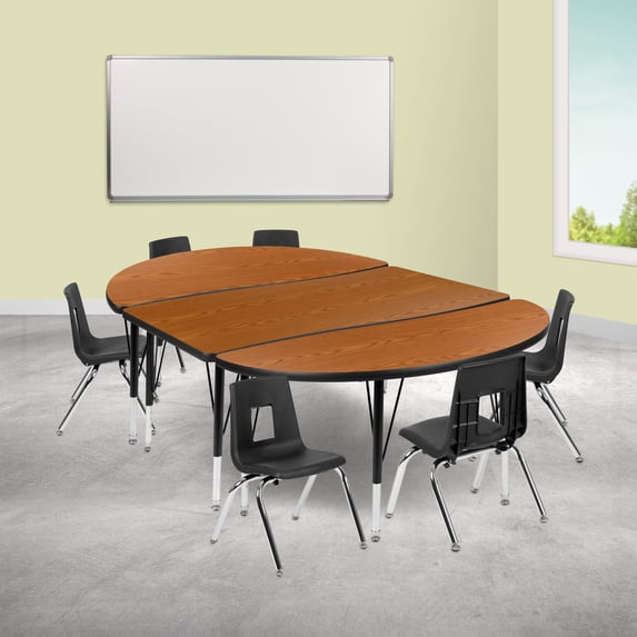 Emma + Oliver 76" Oval Wave Activity Table Set with 12" Student Stack Chairs, Oak/Black