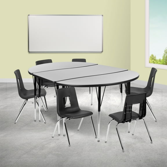 Emma + Oliver 76" Oval Wave Activity Table Set with 16" Student Stack Chairs, Grey/Black