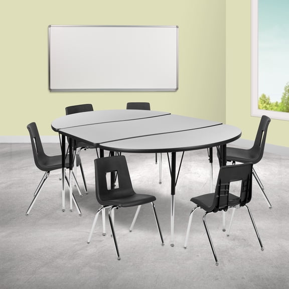 Emma + Oliver 76" Oval Wave Activity Table Set with 18" Student Stack Chairs, Grey/Black