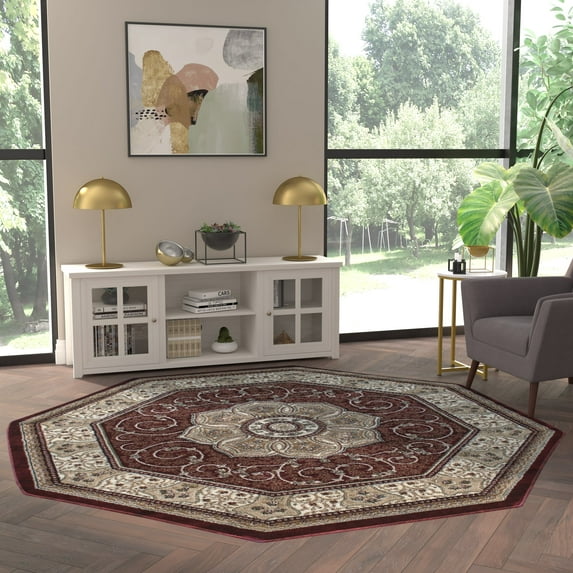 Emma + Oliver 7x7 Burgundy Octagon Accent Rug with Elegant Floral Medallion Center and Floral and Vine Accents in Beige, Green and Ivory