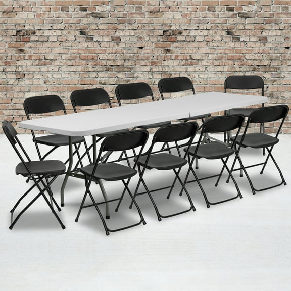 Emma + Oliver 8' Bi-Fold White Plastic Event/Training Folding Table Set w/ 10 Folding Chairs