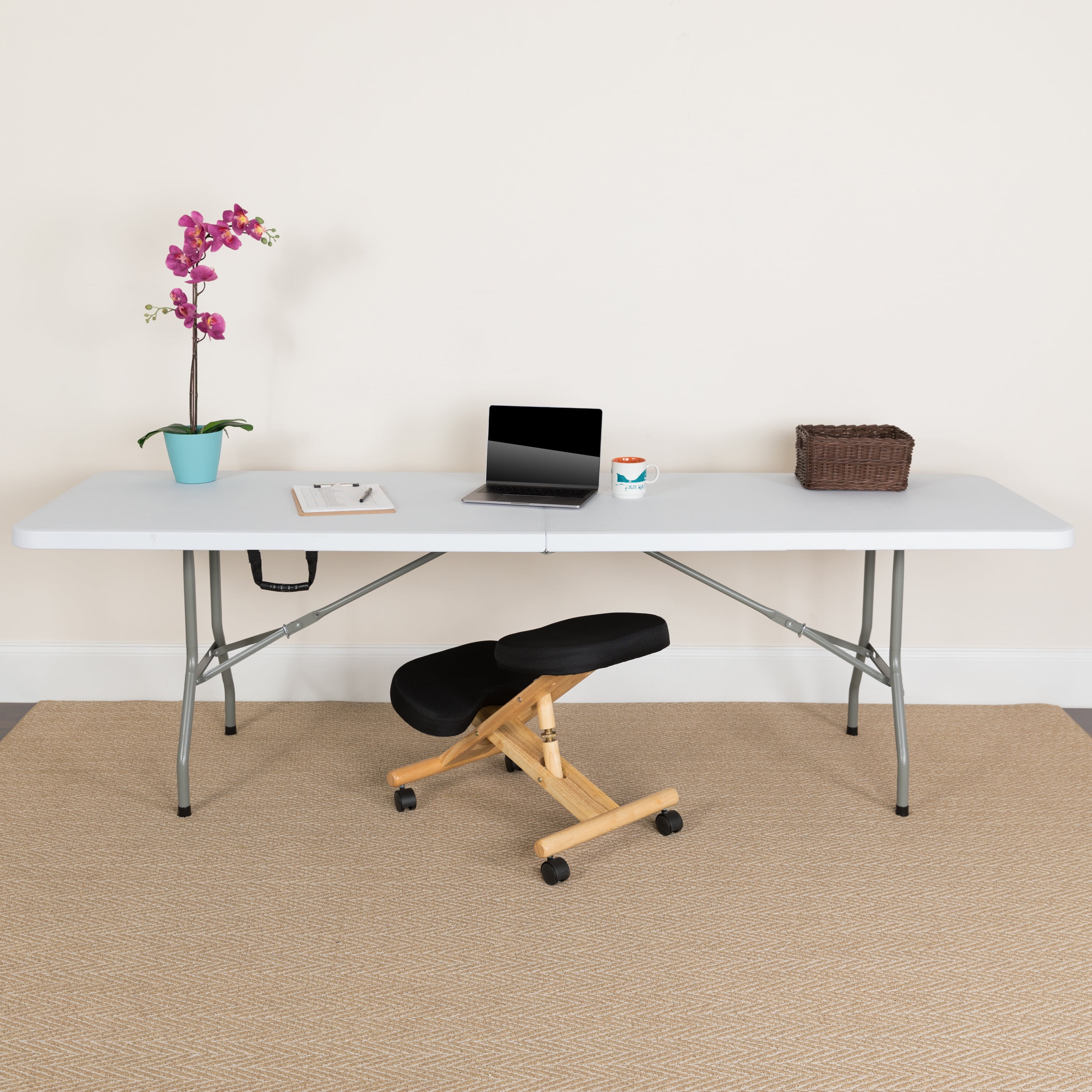 Emma + Oliver 8-Foot Bi-Fold Granite White Plastic Banquet and Event Folding Table with Handle