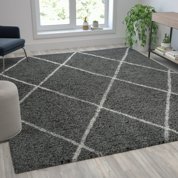 Emma + Oliver 8' x 10' Charcoal and Ivory Diamond Trellis Modern Shag Area Rug