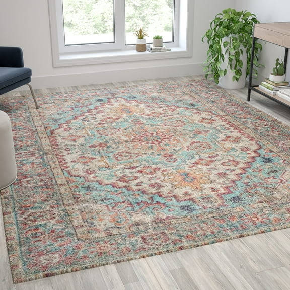 Emma + Oliver 8' x 10' Indoor Polyester Vintage Medallion Area Rug in Blue Multicolor