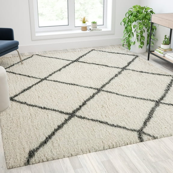 Emma + Oliver 8' x 10' Ivory and Black Diamond Trellis Modern Shag Area Rug