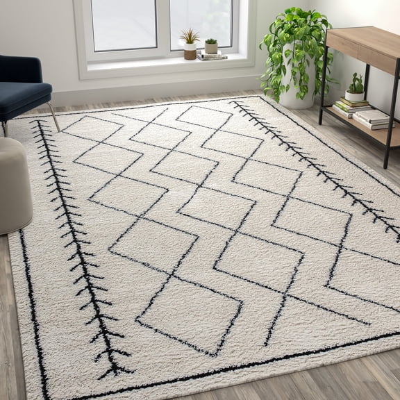 Emma + Oliver 8' x 10' Ivory and Black Geometric Style Modern Bohemian Design Shag Area Rug