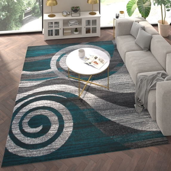 Emma + Oliver 8'x10' Contemporary Swirl Plush Pile Accent Rug with Scraped Effect in Turquoise, Gray, Black and White and Jute Backing