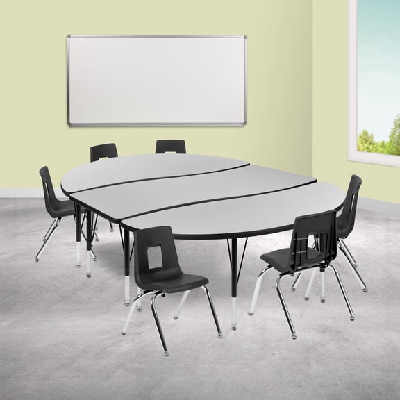 Emma + Oliver 86" Oval Wave Activity Table Set with 14" Student Stack Chairs, Grey/Black