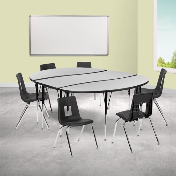 Emma + Oliver 86" Oval Wave Activity Table Set with 18" Student Stack Chairs, Grey/Black