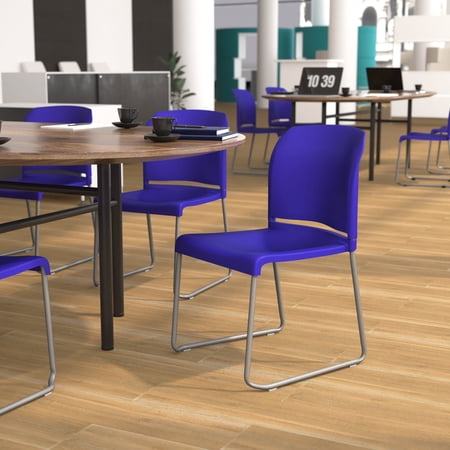 Emma + Oliver 880 lb. Capacity Blue Full Back Contoured Stack Chair with Gray Powder Coated Sled Base