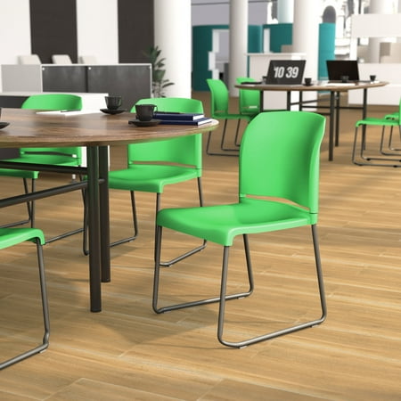Emma + Oliver 880 lb. Capacity Green Full Back Contoured Stack Chair with Gray Powder Coated Sled Base