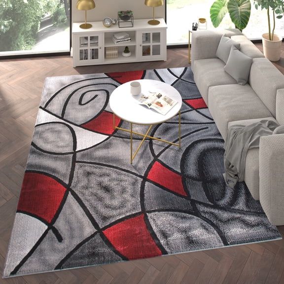 Emma + Oliver 8x10 Contemporary Abstract Geometric Olefin Accent Rug in Gradient Shades of Gray and Red with Natural Jute Backing