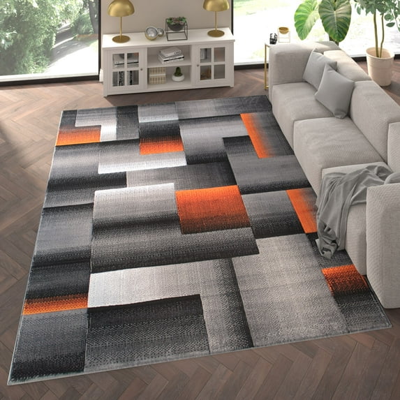 Emma + Oliver 8x10 Modern Cubist Olefin Accent Rug in Gradient Shades of Black, Gray and Orange with Natural Jute Backing
