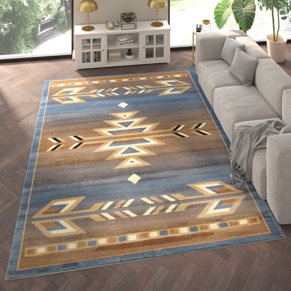 Emma + Oliver 8x10 Olefin Accent Rug with Southwestern Geometric Arrow Design in Blue, Black, Beige & Ivory and Natural Jute Backing
