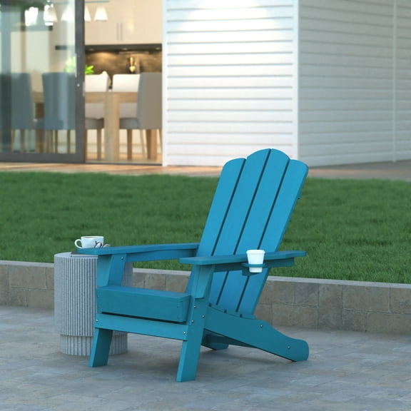 Emma Oliver Adirondack Chair with Cup Holder, Weather Resistant HDPE Adirondack Chair in Blue