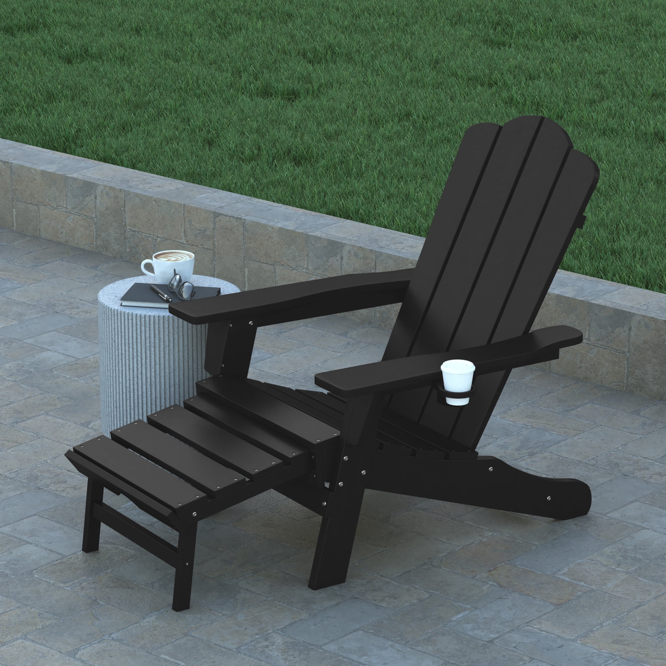 Emma + Oliver Adirondack Chair with Cup Holder and Pull Out Ottoman, All-Weather HDPE Indoor/Outdoor Lounge Chair in Black