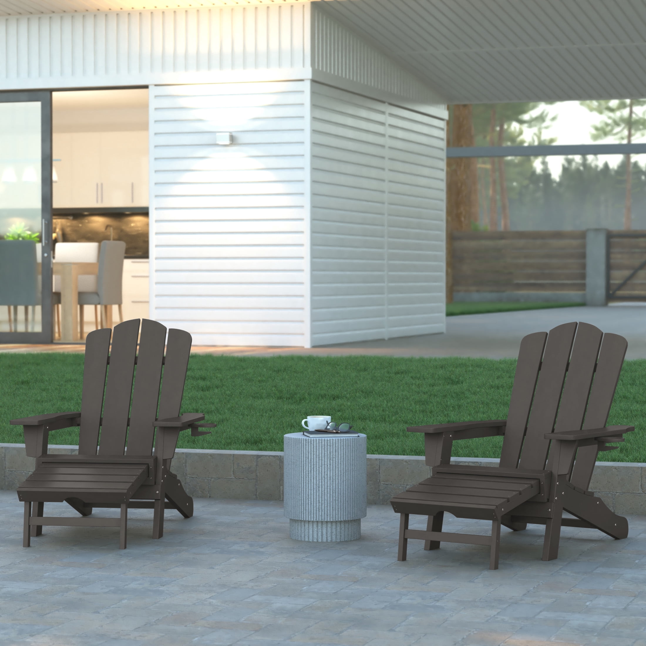 Emma + Oliver Adirondack Chair with Cup Holder and Pull Out Ottoman, All-Weather HDPE Indoor/Outdoor Lounge Chair in Gray