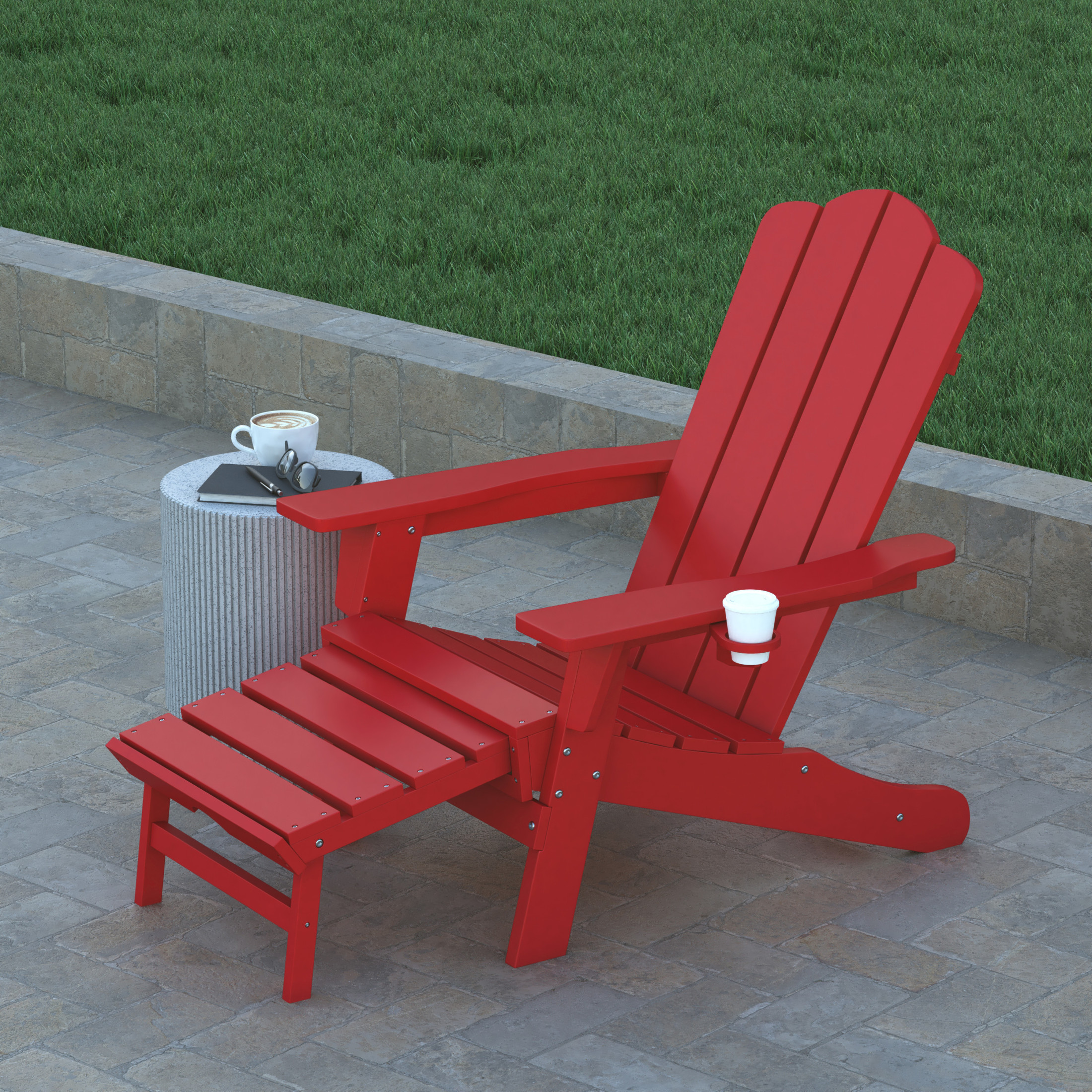 Emma + Oliver Adirondack Chair with Cup Holder and Pull Out Ottoman, All-Weather HDPE Indoor/Outdoor Lounge Chair in Red