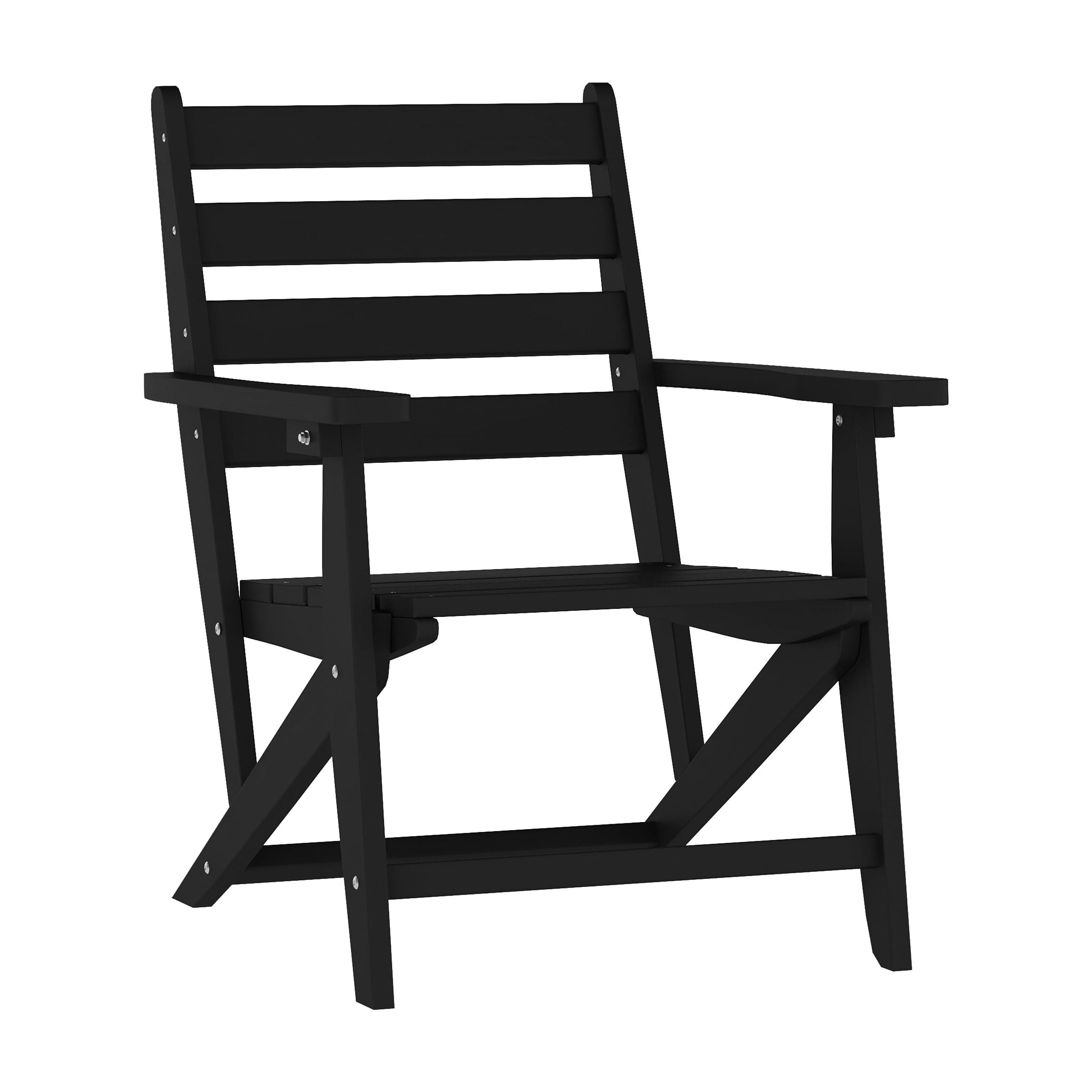 Emma + Oliver Adirondack Dining Chair with Fold Out Cup Holder, Weather Resistant Recycled HDPE Adirondack Chair in Black