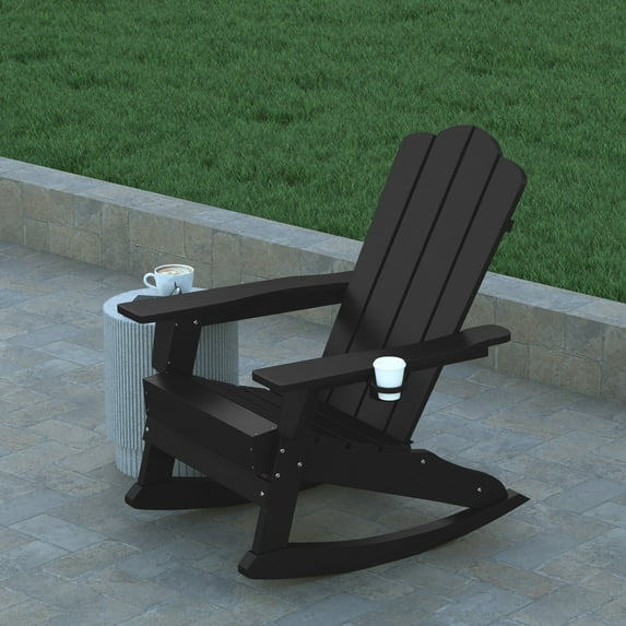 Emma + Oliver Adirondack Rocking Chair with Cup Holder, Weather Resistant HDPE Adirondack Rocking Chair in Black
