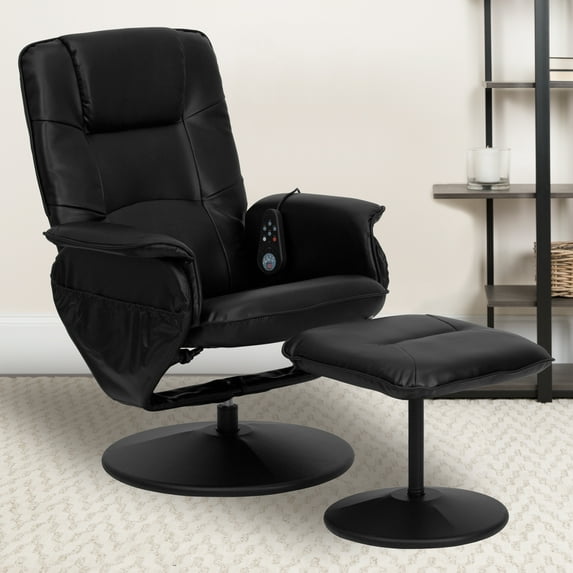 Emma + Oliver Adjustable Massage Recliner/Ottoman - Deep Side Pockets in Black LeatherSoft
