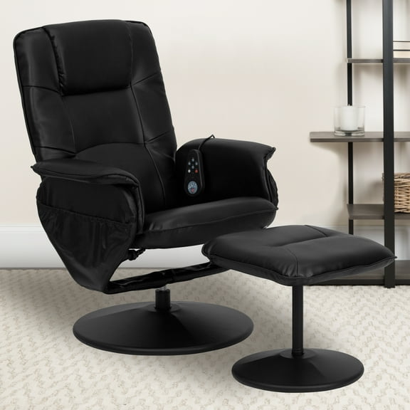 Emma + Oliver Adjustable Massage Recliner/Ottoman - Deep Side Pockets in Black LeatherSoft