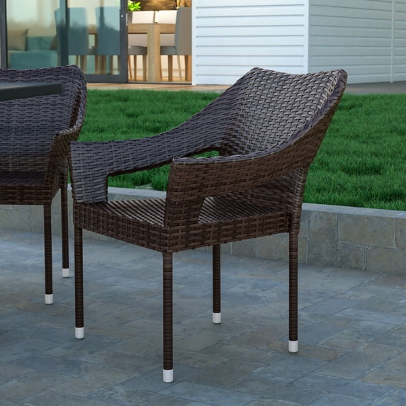 Emma + Oliver All-Weather Indoor/Outdoor Stacking Patio Dining Chair with Steel Frame and Weather Resistant PE Rattan in Espresso