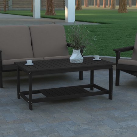 Emma + Oliver All-Weather Polyresin Two Tiered Adirondack Style Coffee Table in Black Finish with Slatted Top