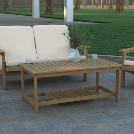 Emma + Oliver All-Weather Polyresin Two Tiered Adirondack Style Coffee Table in Natural Cedar Finish with Slatted Top