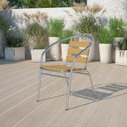 Emma + Oliver Aluminum Indoor-Outdoor Stack Chair w/ Triple Slat Faux Teak Back