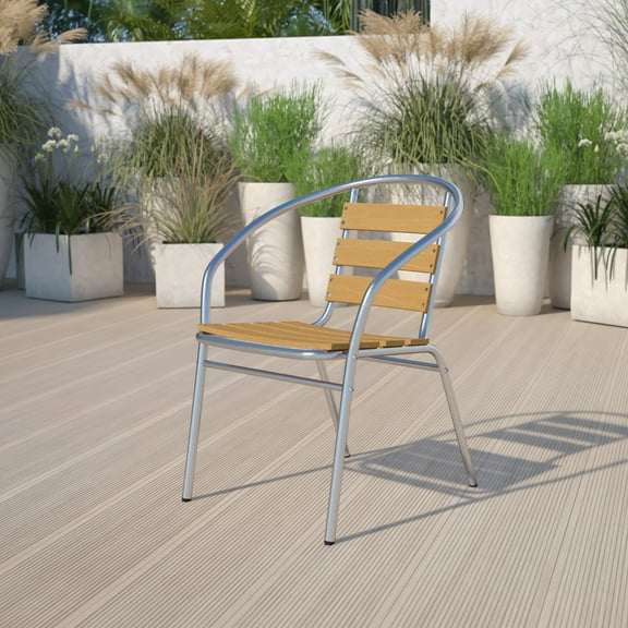 Emma + Oliver Aluminum Indoor-Outdoor Stack Chair w/ Triple Slat Faux Teak Back