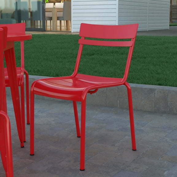 Emma + Oliver Armless Powder Coated Steel Stacking Dining Chair with 2 Slat Back for Indoor-Outdoor Use in Red