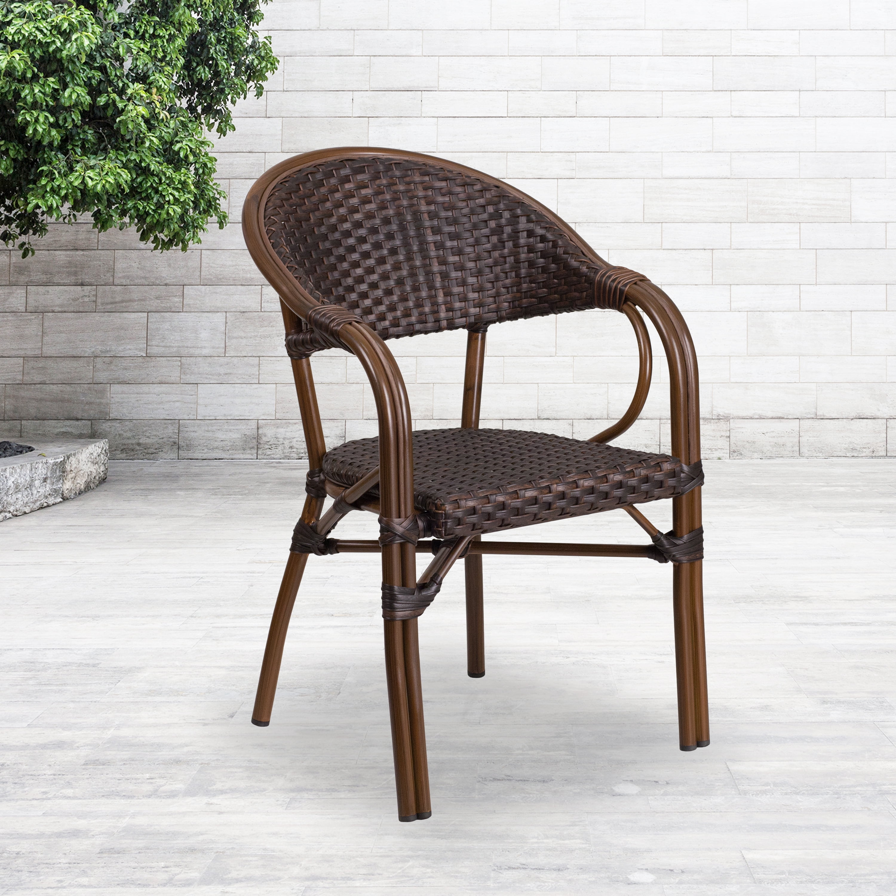 Emma + Oliver Bark Brown Rattan Patio Chair with Red Bamboo-Aluminum Frame