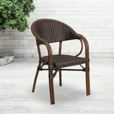 Emma + Oliver Bark Brown Rattan Patio Chair with Red Bamboo-Aluminum Frame