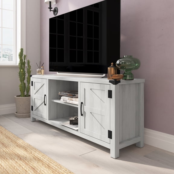 Emma + Oliver Barn Door Style TV Stand up to 65" TV's - Light Gray Oak Entertainment Center - 58" Media Console - Adjustable Shelf